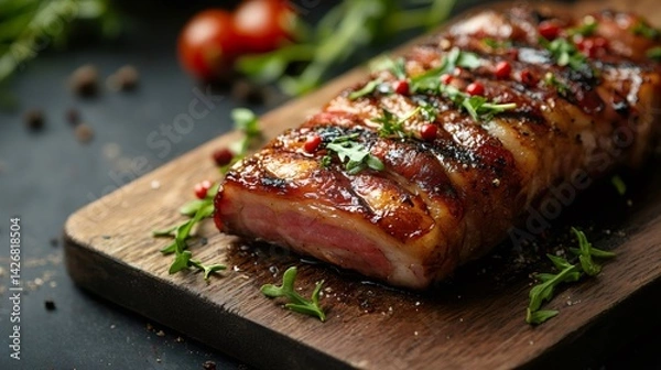 Fototapeta Grilled bacon wrapped pork loin resting on cutting board