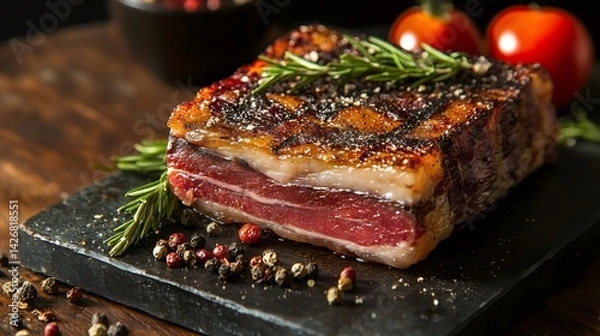 Fototapeta Grilled pork belly with rosemary and peppercorns on black slate