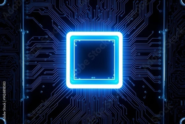 Obraz Abstract blue glowing circuit board background with copy space at center