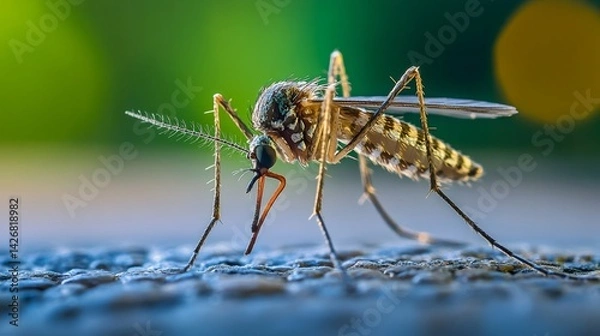 Fototapeta Mosquito standing on a surface with blurred green background