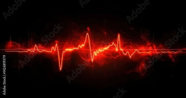 Fototapeta Red glowing heartbeat waveform on a dark background with energy effects