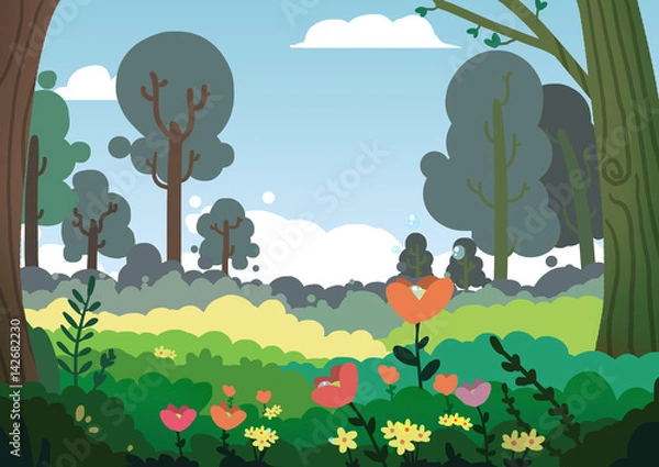 Obraz The Little Forest with Flowers. Video Game's Digital CG Artwork, Concept Illustration, Realistic Cartoon Style Background
