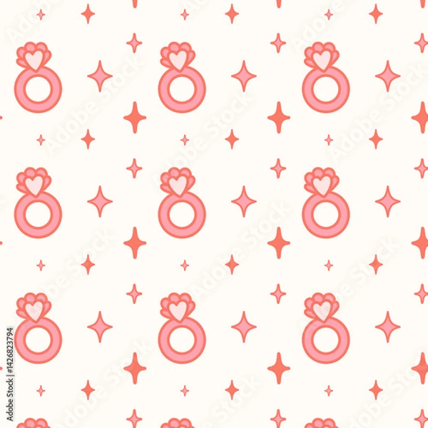 Fototapeta Seamless pattern with pink coquette rings and stars. Girly theme in flat styles. Coquette core cute design. Perfect for fabric design, wallpapers, stationery, wrapping paper.