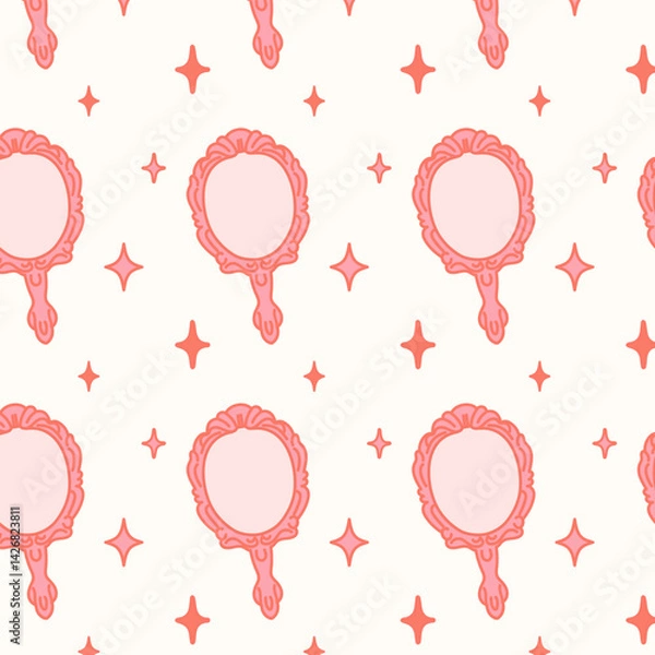 Fototapeta Seamless pattern with pink coquette mirror and stars. Girly theme in flat styles. Coquette core cute design. Perfect for fabric design, wallpapers, stationery, wrapping paper.