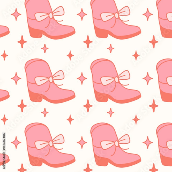 Fototapeta Seamless pattern with coquette pink boots and bows. Gift ribbons in hand drawn and flat styles. Fashionable vector illustration. Coquette core cute design. Girly western in flat vector illustration.