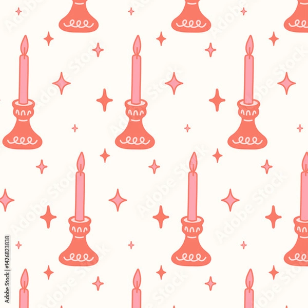 Fototapeta Seamless pattern with pink coquette candles and stars. Girly theme in flat styles. Coquette core cute design. Perfect for fabric design, wallpapers, stationery, wrapping paper.