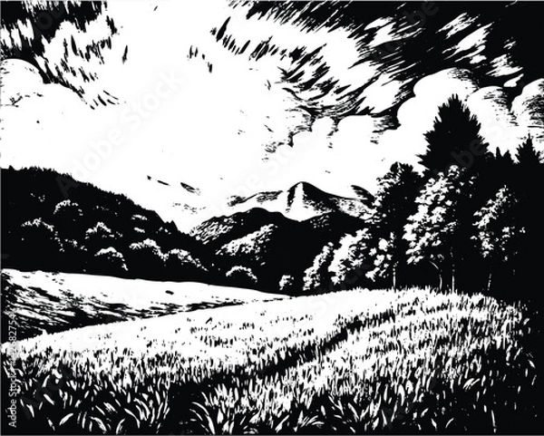 Obraz A woodcut-style black-and-white landscape depicting a sunlit meadow opening onto a forested hill and distant mountains beneath a dramatic sky