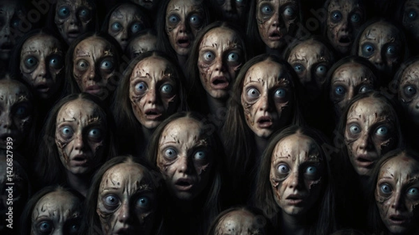 Fototapeta Crowd of horrified zombie faces with wide eyes in the dark