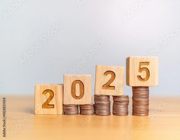 Obraz The number 2025 displayed on wooden cubes alongside a stack of growth coins, symbolizing financial planning for the year ahead. Ideal for concepts of savings, budgeting, tax planning, investments, and
