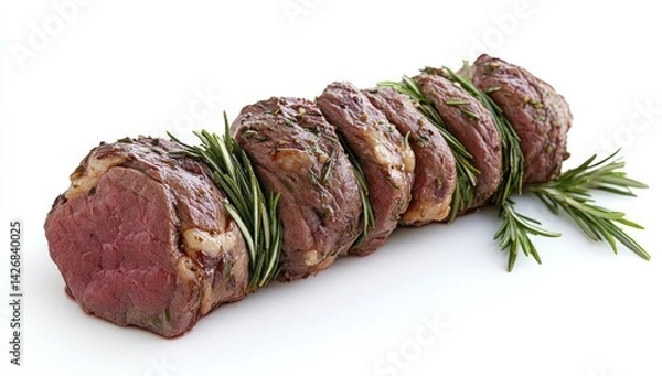Fototapeta Roasted meat roll with rosemary sprigs on a white surface close up.
