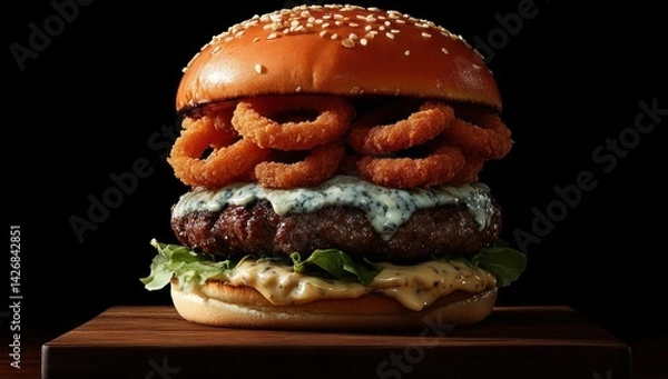 Fototapeta Large burger with onion rings and sauce on a wooden board against black.