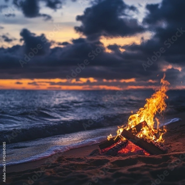 Obraz A beachside bonfire at dusk, the flames casting warm light onto the sand while the waves roll gently onto shore, cozy and atmospheric, ultra-detailed