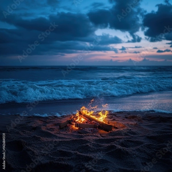 Obraz A beachside bonfire at dusk, the flames casting warm light onto the sand while the waves roll gently onto shore, cozy and atmospheric, ultra-detailed
