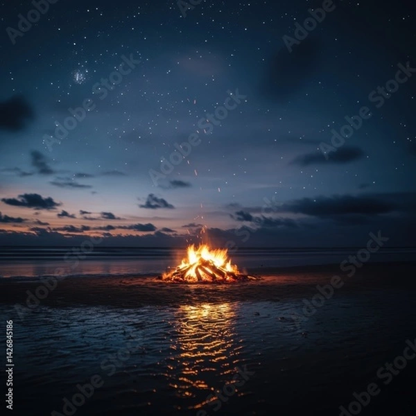 Obraz A beachside bonfire under a star-filled sky, friends gathered around, the flames reflecting on the wet sand, cozy and atmospheric, ultra-HD