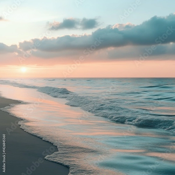 Obraz A beach at dusk with the last rays of the sun illuminating the ocean, soft pastel colors blending in the sky, calm waves reflecting the colors, ultra-detailed