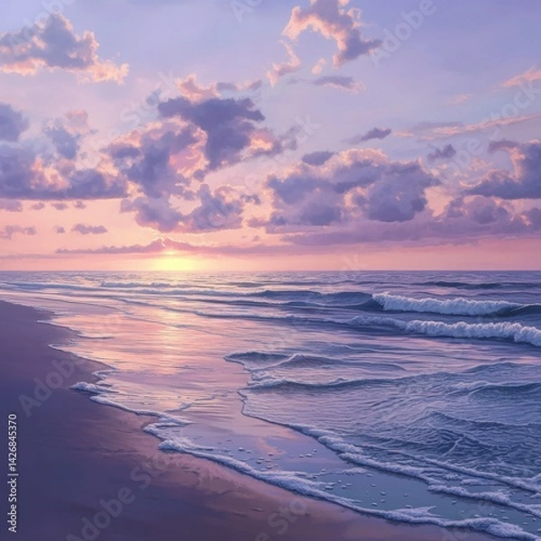 Obraz A beach at dusk with the last rays of the sun illuminating the ocean, soft pastel colors blending in the sky, calm waves reflecting the colors, ultra-detailed