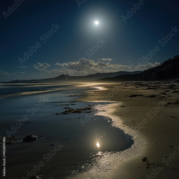 Obraz A beach at night under a full moon, the water reflecting the moonlight and creating a magical glow on the shore, ultra-HD