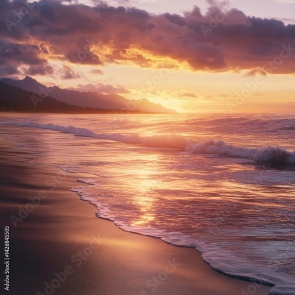 Obraz A beach at sunset, the sky glowing with warm orange and purple hues, the water calm with gentle waves, ultra-detailed
