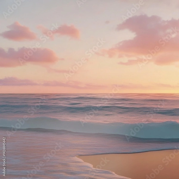 Obraz A beach at sunset with gentle waves and a colorful sky, the horizon glowing with warm colors, ultra-realistic