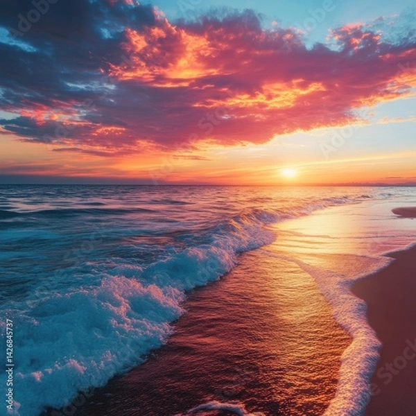 Obraz A beach at sunset with gentle waves and a colorful sky, the horizon glowing with warm colors, ultra-realistic