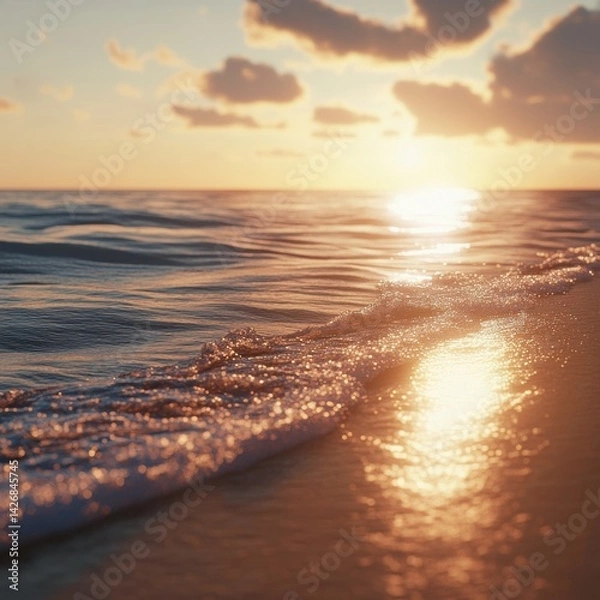Obraz A beach at the golden hour, the ocean reflecting warm sunlight, gentle waves, and serene skies, ultra-realistic