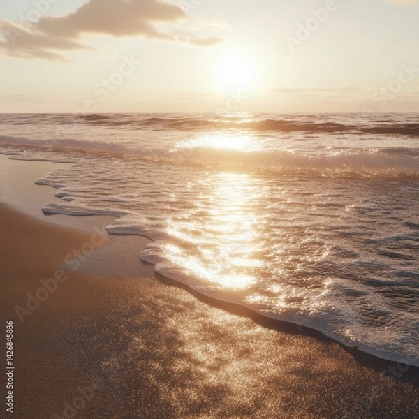 Obraz A beach at the golden hour, the ocean reflecting warm sunlight, gentle waves, and serene skies, ultra-realistic