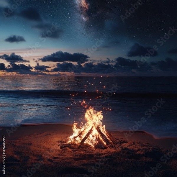 Obraz A beach bonfire at twilight, flames flickering as waves gently roll onto shore, starry sky above, cozy and warm atmosphere, ultra-realistic