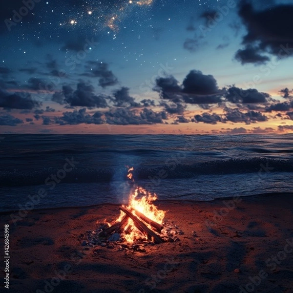Obraz A beach bonfire at twilight, flames flickering as waves gently roll onto shore, starry sky above, cozy and warm atmosphere, ultra-realistic