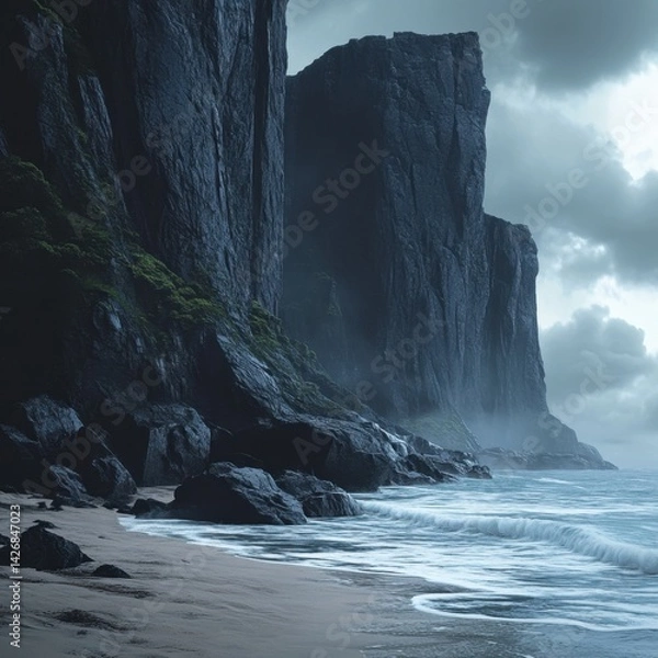 Obraz A beach with towering rock formations along the shore, waves crashing dramatically against the rocks, the sky dark and brooding, ultra-realistic