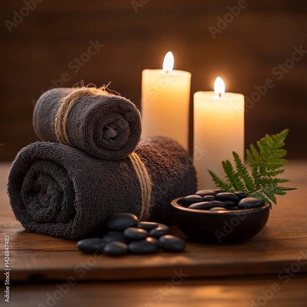 Fototapeta Calm Spa Relaxation Setting with Candles and Smooth Stones