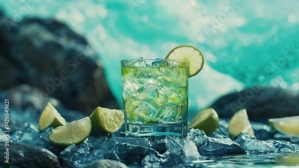 Obraz glass of orange lime cocktail with ice. generative ai