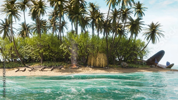Obraz Alone on a Deserted Tropical Island. Beach on a wild island. 3d render.