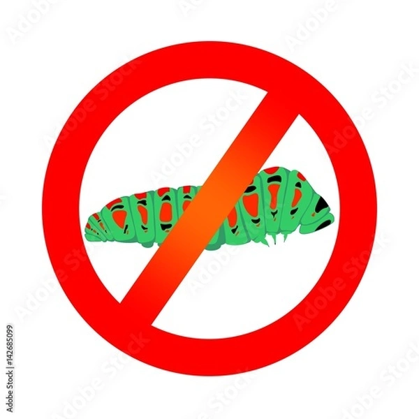 Fototapeta Prohibition sign with green caterpillar of butterfly with red spots and black eye with his feet on a white background