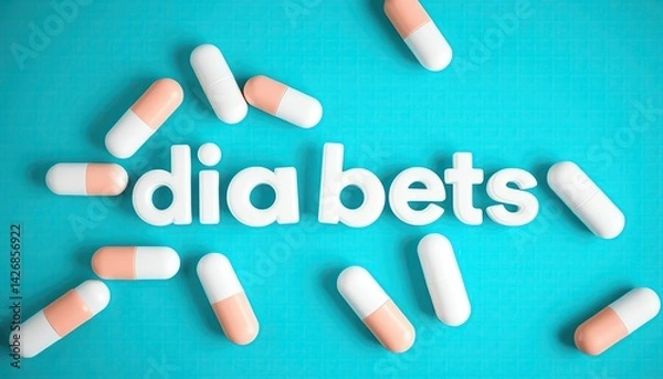 Fototapeta Colorful depiction of diabetes awareness with pills and text, emphasizing the importance of health management.