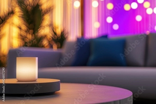 Fototapeta A cozy interior scene featuring a glowing candle on a table, surrounded by softly lit decor and a comfortable sofa, creating a warm ambiance.