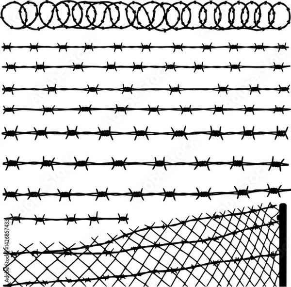 Fototapeta Barbed wire collection silhouette vector. Barbed wire metallic border elements, barb wire set, barb wire icon. Barbed wire fence on the border silhouette illustration