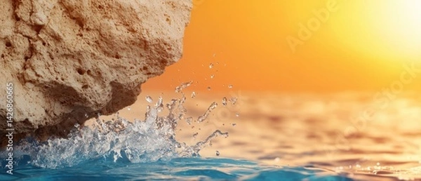 Fototapeta A serene sunset over the ocean, showcasing gentle waves splashing against a rocky shore, creating a peaceful and picturesque scene.