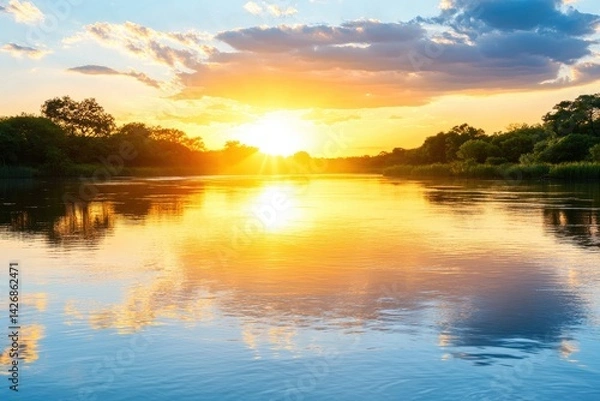 Fototapeta A serene sunset over a calm river, with vivid colors reflecting on the water and lush greenery lining the banks.