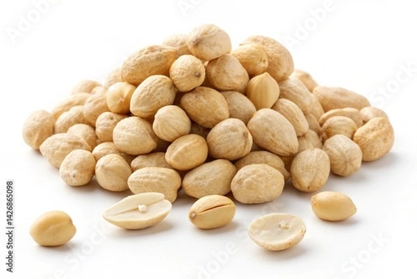 Fototapeta Delicious Shelled Peanuts: A Close-Up Shot of Light Beige Peanuts, Whole and Split, Beautifully Arranged in a Pile Against a Pristine White Background. Perfect for food blogs, packaging, and culinary 