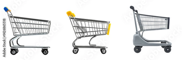 Fototapeta Set of Realistic close-up shot of a metal supermarket shopping cart on transparent png background. Ai generated