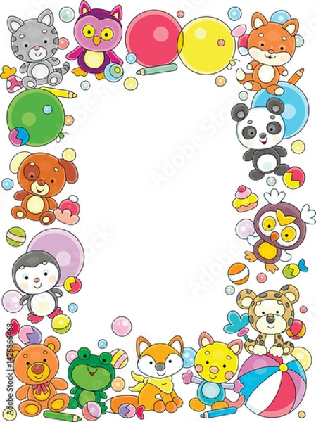 Fototapeta Frame border with colorful gifts, cute baby animals, funny toys and sweets for little children, vector cartoon illustration isolated on a white background