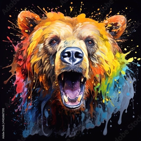 Fototapeta Colorful portrait of a bear on a black background with splashes. Generative AI