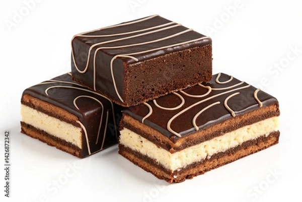 Fototapeta Decadent Chocolate Sponge Cakes: Three luscious chocolate-coated sponge cakes with creamy beige filling, artfully arranged and overlapping on a pristine white surface. High-resolution image, perfect  