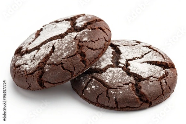 Fototapeta Decadent Dark Chocolate Crinkle Cookies: A Close-Up Delight. Rich, textured, and irresistibly delicious, these homemade cookies are perfect for baking blogs, websites, cookbooks, and food packaging.  