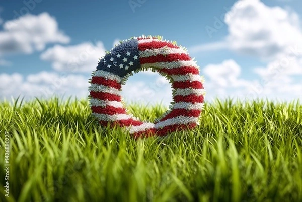 Obraz Grateful Memorial Day, wreath on green field with light breeze and clear sky.