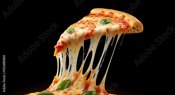 Obraz Mouthwatering pizza slice with melted cheese. The rich colors and textures of the toppings create an appealing culinary experience.