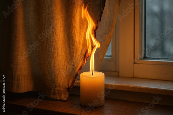 Obraz Burning Candle and Curtain on Windowsill