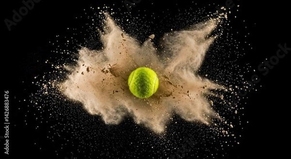 Obraz Tennis Ball Exploding Beige Powder Cloud Black Background Action Sports Dynamic Motion Impact Burst
