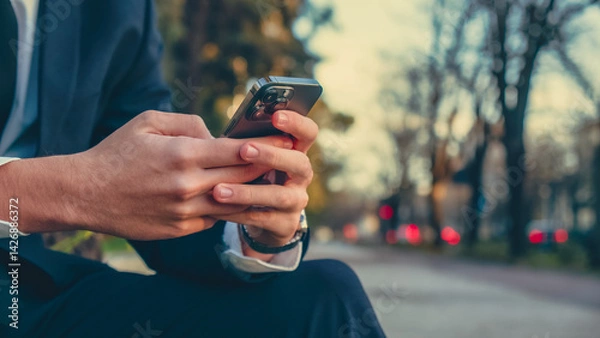 Fototapeta Close up Male hands with smartphone, outdoors. Businessman is typing text messages on mobile phone sitting in the park. Human holds cell phone close up. Man holds mobile phone. Connection concept.