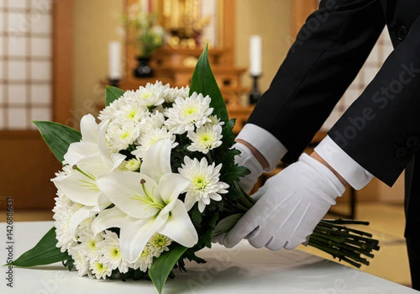 Obraz 白い供花を整える葬儀スタッフの手元